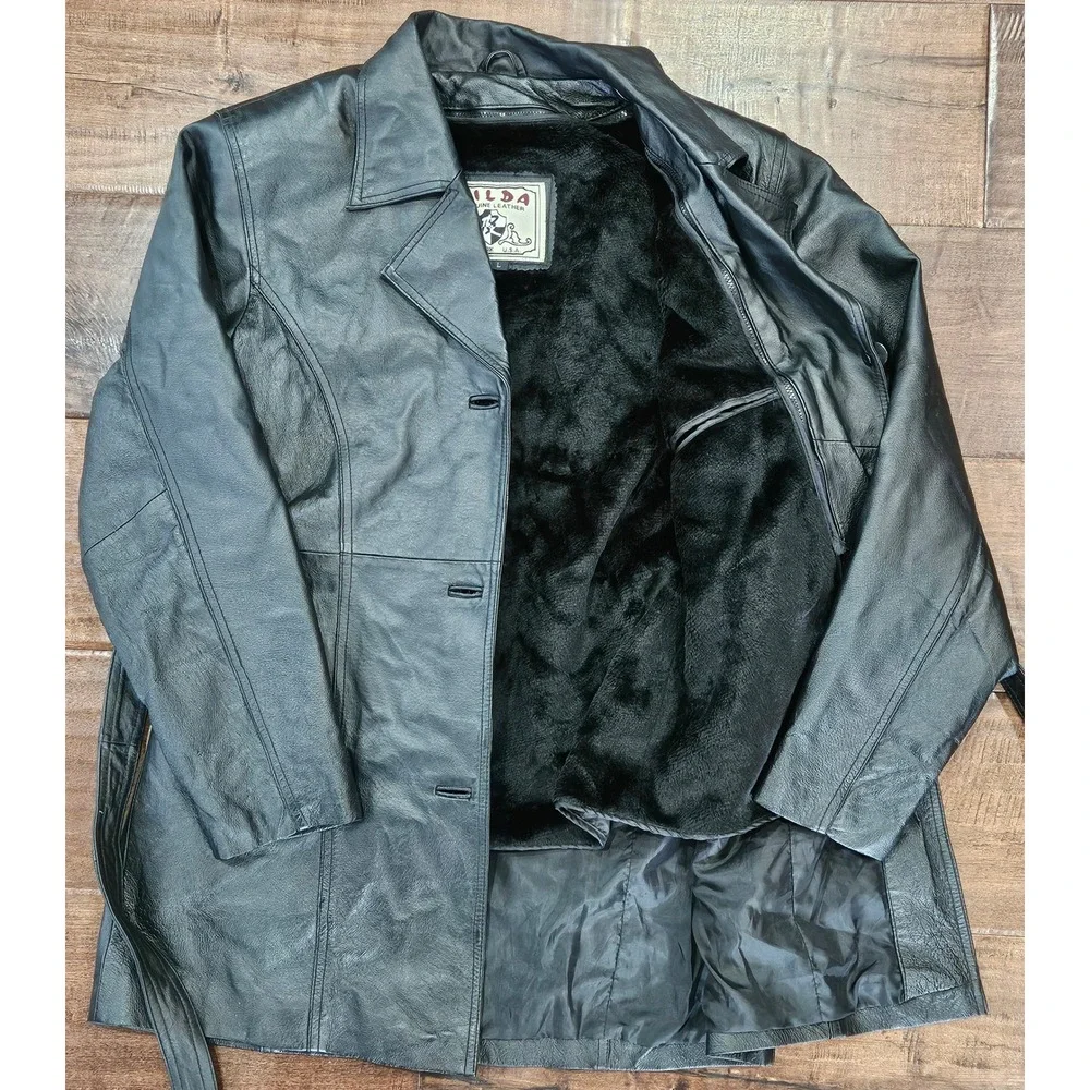 Y2K VTG Matrix Chic Leather Rock Grunge Trench Womens L Black Belted Faux Fur